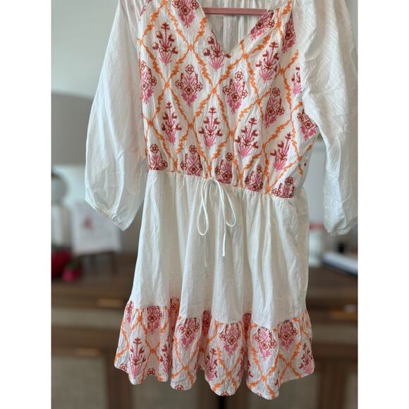 NWOT Fanco Embroidered Geometric Diamond Lattice Peasant Mini Dress White Large - Picture 5 of 11